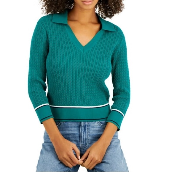 Tommy Hilfiger Women's Cotton Johnny Collar Cable Knit Sweater - Picture 3 of 3